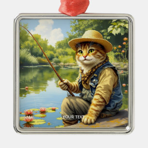 Ornement Carré Argenté Imaginaire Cute Lake Chat Fishing