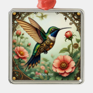 Ornement Carré Argenté Imaginaire Cute Steampunk Fleurs d'oiseaux