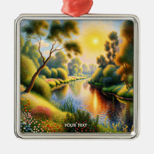 Ornement Carré Argenté Imaginaire mignon Pointillisme Rivière du paysage