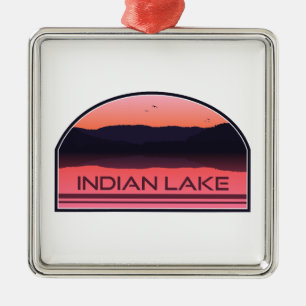 Ornement Carré Argenté Indian Lake New York Red Sunrise