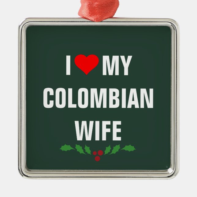 Ornement Carré Argenté J'aime ma femme colombienne, Noël (Devant)