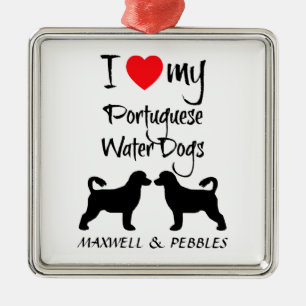 Ornement Carré Argenté J'Aime Mes Chiens D'Eau Portugais