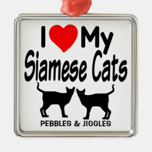 Ornement Carré Argenté J'aime mes deux chats siamois