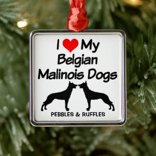 Ornement Carré Argenté J'Aime Mes Deux Chiens Belges Malinois
