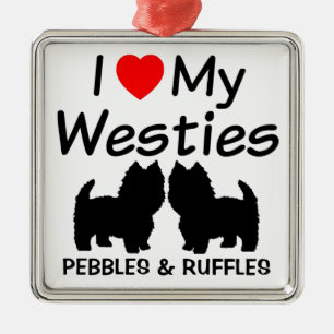 Ornement Carré Argenté J'Aime Mes Deux Chiens Westie Ornament