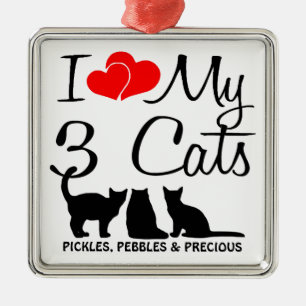 Ornement Carré Argenté J'aime mes trois chats