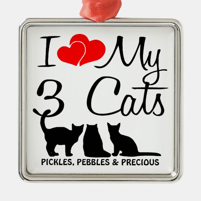 Ornement Carré Argenté J'aime mes trois chats (Devant)