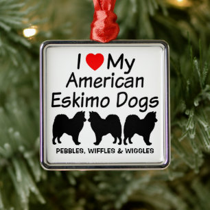 Ornement Carré Argenté J'Aime Mes Trois Chiens Ésquimaux Américains