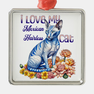 Ornement Carré Argenté J'aime mon chat mexicain sans cheveux