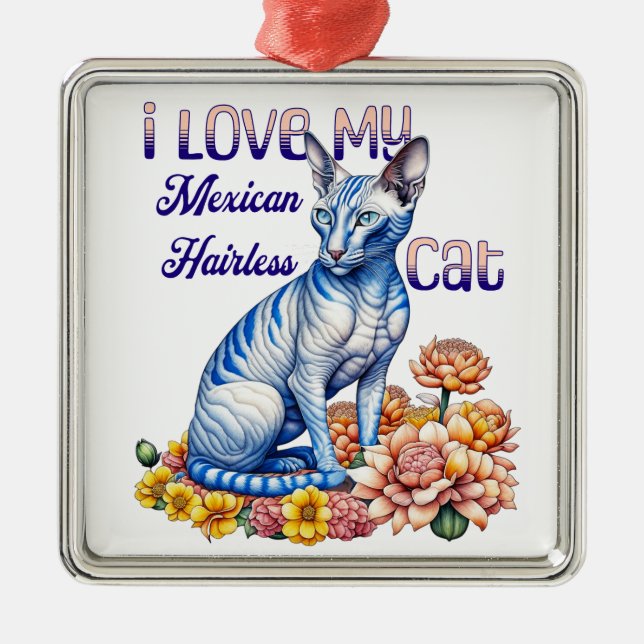 Ornement Carré Argenté J'aime mon chat mexicain sans cheveux (Devant)