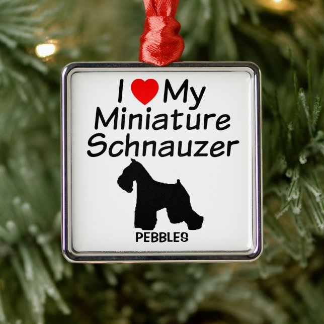 Ornement Carré Argenté J'Aime Mon Chien Schnauzer Miniature (Arbre)