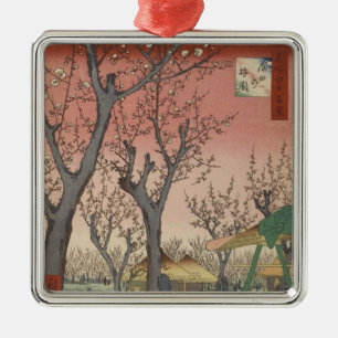 Ornement Carré Argenté Jardin de prune fleuri d'arbre japonais