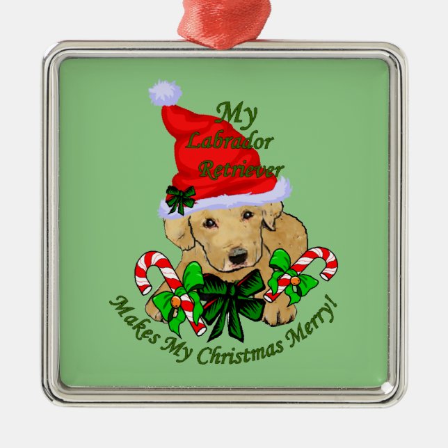 Ornement Carré Argenté Jaune Labrador Retriers Noël (Devant)