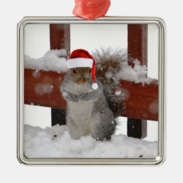 Ornement Carré Argenté Jaunty Squirrel avec l'Ornement de Noël Hat