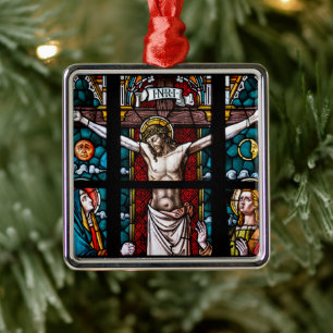 Ornement Carré Argenté Jésus sur la croix, crucifixion