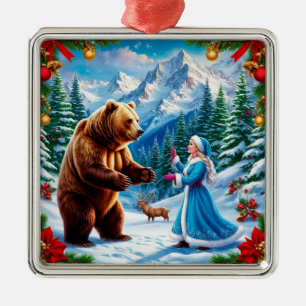 Ornement Carré Argenté Jeune Fille de Neige Scène hivernale Enchanteresse