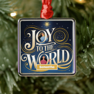 Ornement Carré Argenté Joie au monde Noël religieux