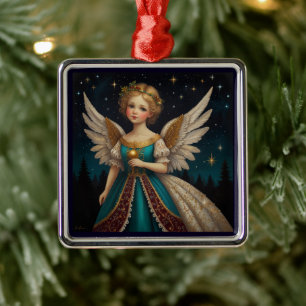 Ornement Carré Argenté Joli Ange de Noël de Style Rétro