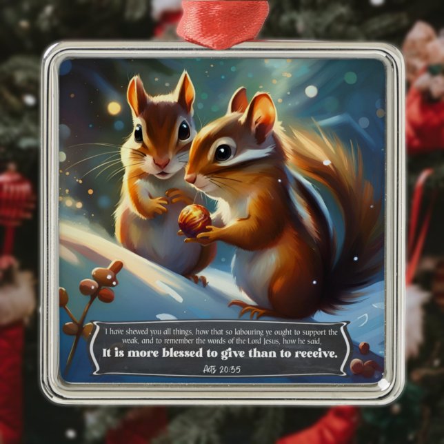 Ornement Carré Argenté Joli bois Chipmunks Écriture Verset Noël (Créateur téléchargé)