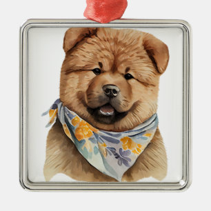 ORNEMENT CARRÉ ARGENTÉ JOLI CHIEN CHOW CHOW ROUX FLUFFY