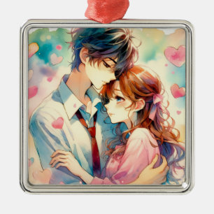 Ornement Carré Argenté Joli couple d'anime amoureux à Noël