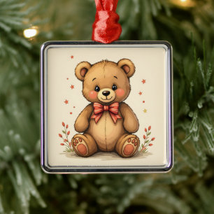 Ornement Carré Argenté Joli petit ours brun adorable avec cravate