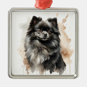 ORNEMENT CARRÉ ARGENTÉ JOLIMENT NOIR FLUFY POMERANIAN PUPPY CHIEN