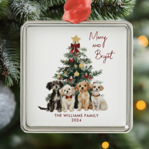 Ornement Carré Argenté Jolis chiens aquarelle joyeux et lumineux de Noël
