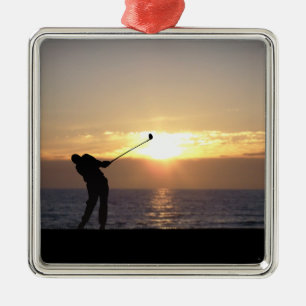 Ornement Carré Argenté Jouer Au Golf Au Coucher Du Soleil