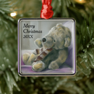 Ornement Carré Argenté Jouet Ours Pastel Personnalisé Année Noël