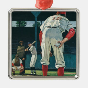 Ornement Carré Argenté Joueur de baseball vintage sur Mound