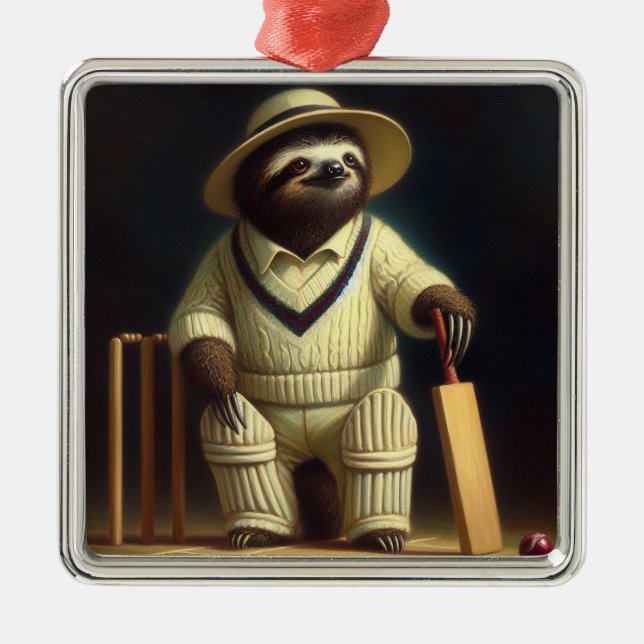 Ornement Carré Argenté Joueur de cricket Sloth (Devant)