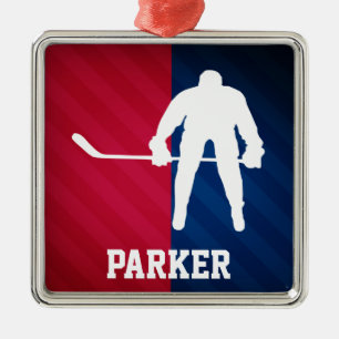 Ornement Carré Argenté Joueur de hockey ; rouge, blanc et bleu