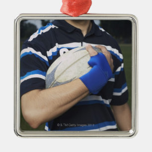 Ornement Carré Argenté Joueur de rugby avec la boule