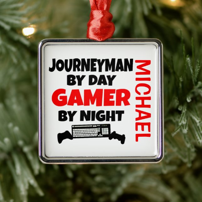 Ornement Carré Argenté Journeyman adore jouer aux jeux vidéo (Arbre)