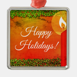 Ornement Carré Argenté Joyeuses fêtes Holly & Candle Noël Ornament