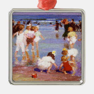 Ornement Carré Argenté Joyeuses journées à la plage (par E.H. Potthast)
