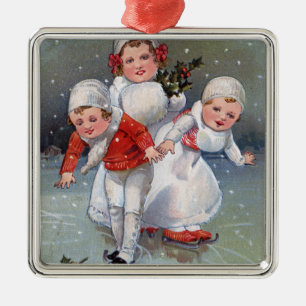 Ornement Carré Argenté Joyeux ChristmasLittle badine le patinage de glace