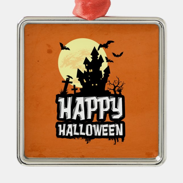 Ornement Carré Argenté Joyeux Halloween (Devant)