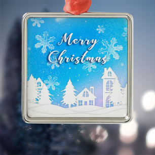 Ornement Carré Argenté Joyeux Noël Blanc Neige Maison Bleue