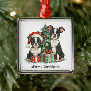 Ornement Carré Argenté Joyeux Noël Boston Terrier Chiens