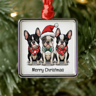 Ornement Carré Argenté Joyeux Noël Boston Terrier Chiens