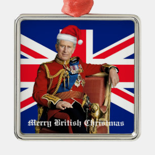 Ornement Carré Argenté Joyeux Noël britannique roi Charles III