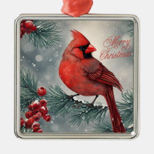 Ornement Carré Argenté Joyeux Noël Cardinal Rouge et Berries