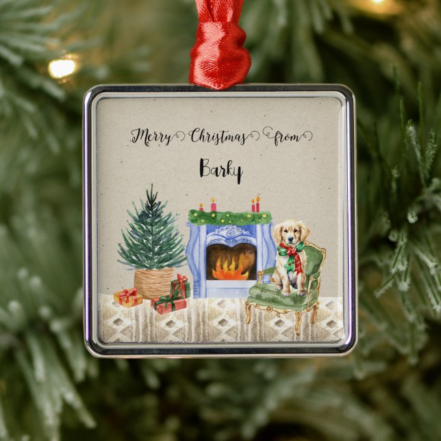 Ornement Carré Argenté Joyeux Noël du nom du chien (Arbre)