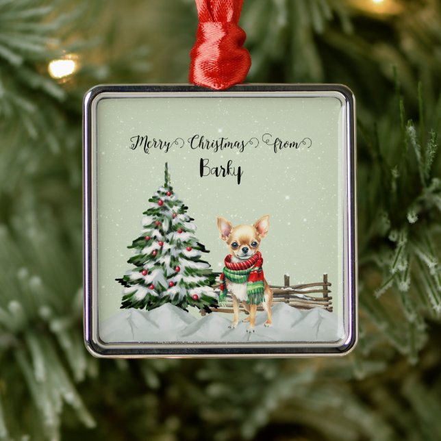 Ornement Carré Argenté Joyeux Noël du nom du chien (Arbre)