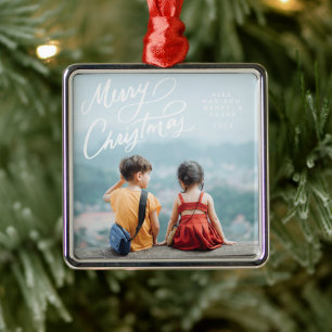 Ornement Carré Argenté Joyeux Noël en lettres manuscrites grasses