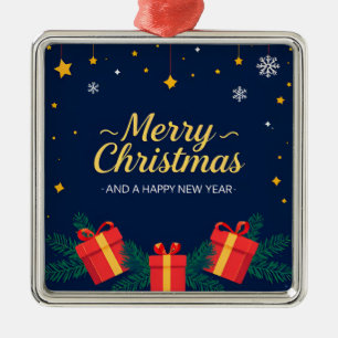 Ornement Carré Argenté Joyeux Noël et Bonne Année