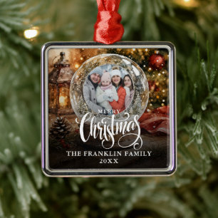 Ornement Carré Argenté Joyeux Noël Globe de Neige Rustique Photo