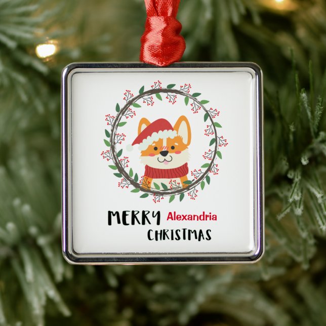 Ornement Carré Argenté Joyeux Noël Père Noël Chiot Personnaliser (Arbre)